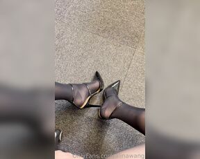 Alina Wang aka alinawang OnlyFans - Navy blue pantyhose high heels walking on stairs