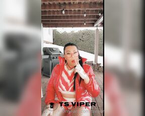 Ts Viper aka tsviper OnlyFans - Smoking outside wearing my red pvc puff jacket and pvc knee high boots,